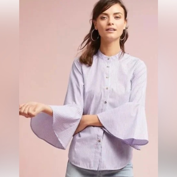 Maeve Stripe Fluted Bell Sleeve Button Down Blouse - Picture 1 of 7